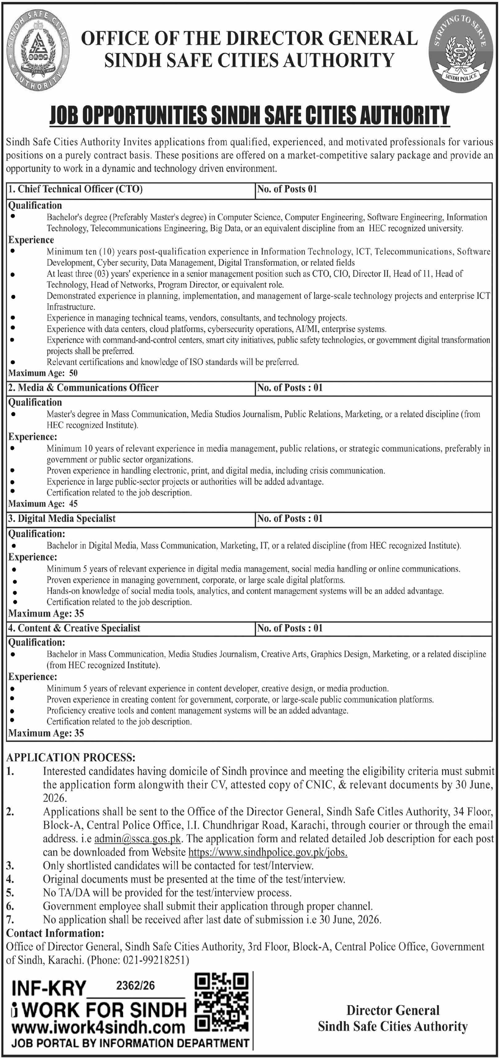 SSCA CTO Media Communications Digital Content Specialist Jobs Karachi - Karachi