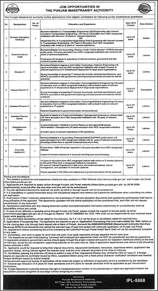PMA Punjab Masstransit Authority Director Operations Audit IT Admin Jobs - Multiple Cities