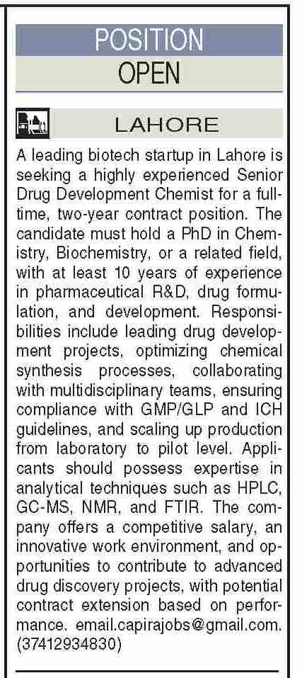 Biotech Startup Senior Drug Development Chemist PhD Lahore Contract - Lahore
