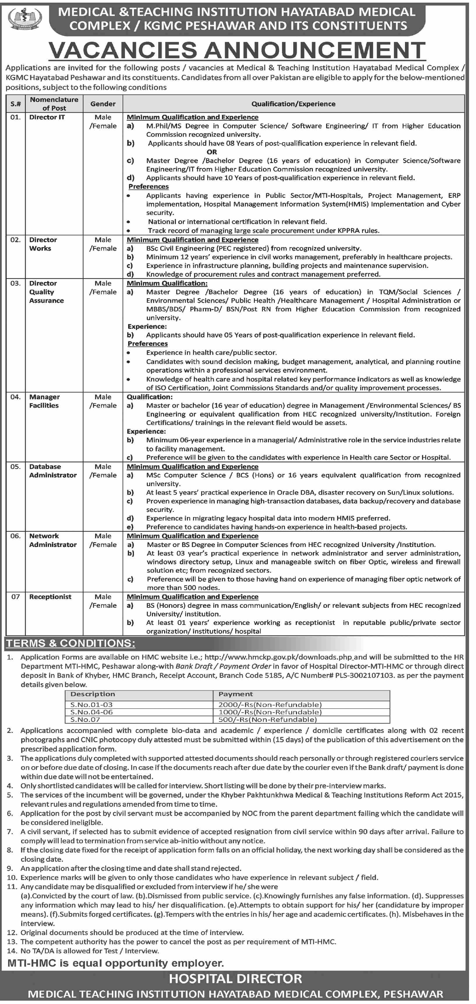 HMC KGMC Peshawar Director IT Works Quality Assurance Manager Facilities Jobs - Peshawar