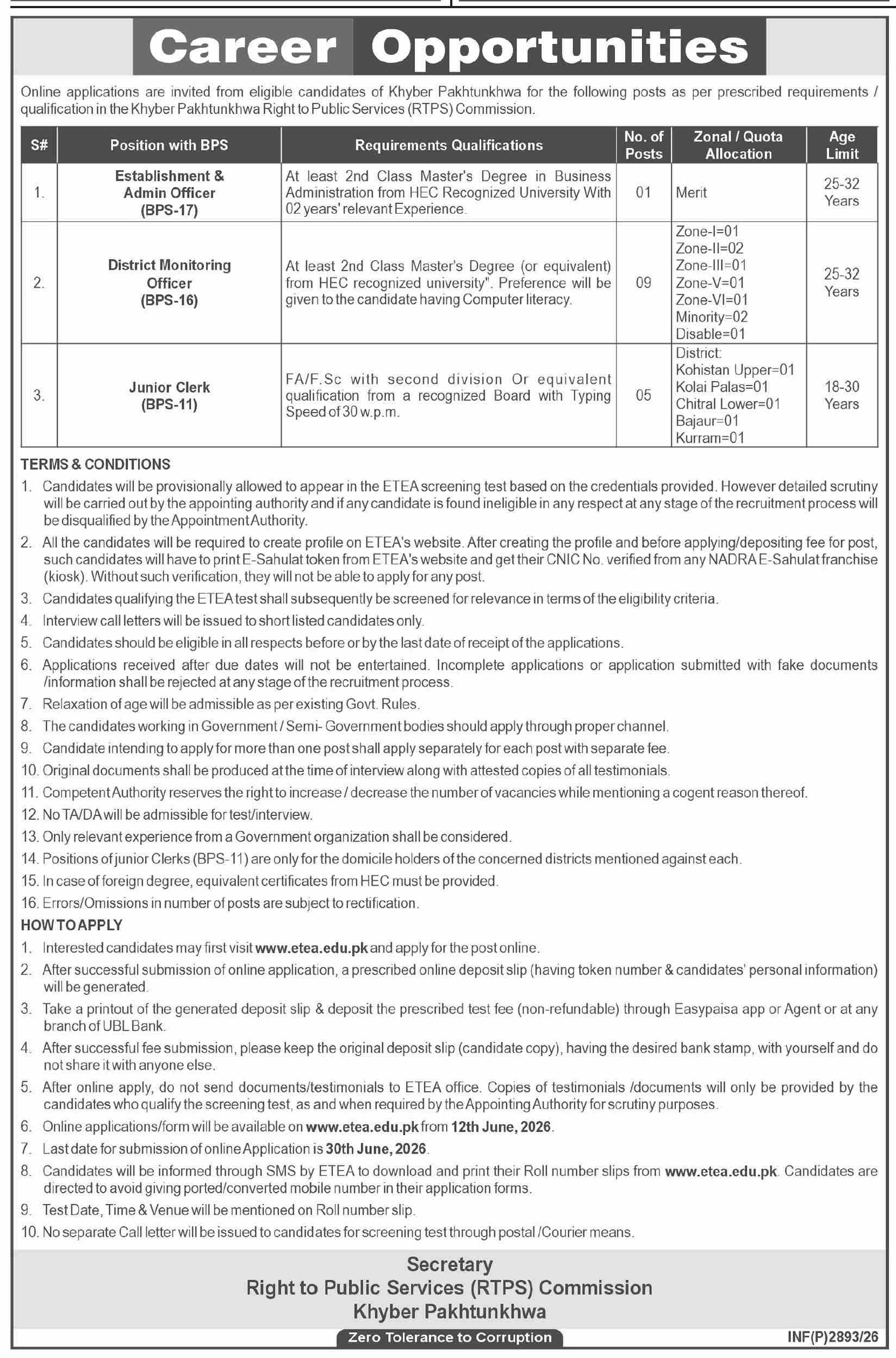 RTPS Commission KP Establishment Admin Officer DMO Junior Clerk BPS-17 to BPS-11 - Peshawar