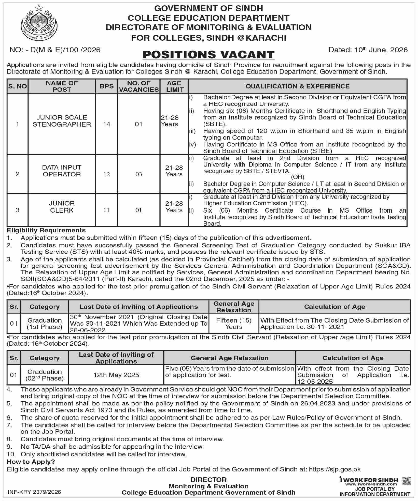 College Education Department Sindh Stenographer Data Operator Junior Clerk BPS-14 to BPS-11 - Karachi