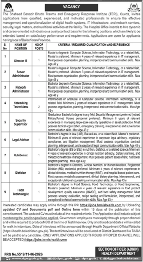 TERI Quetta Director IT Server Admin Network Legal Nutrition Dietician Jobs - Quetta