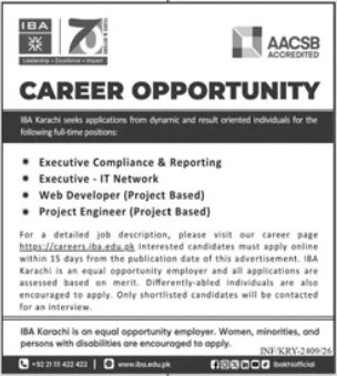 IBA Karachi Executive Compliance IT Network Web Developer Project Engineer Jobs - Karachi