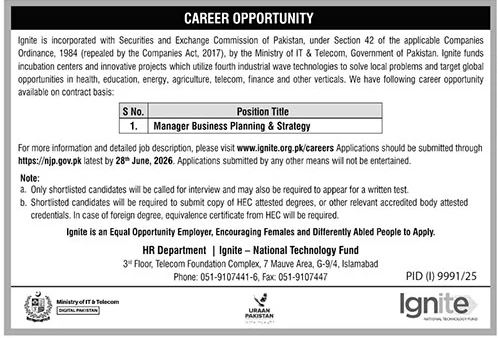 Ignite National Technology Fund Manager Business Planning Strategy Jobs Islamabad - Islamabad