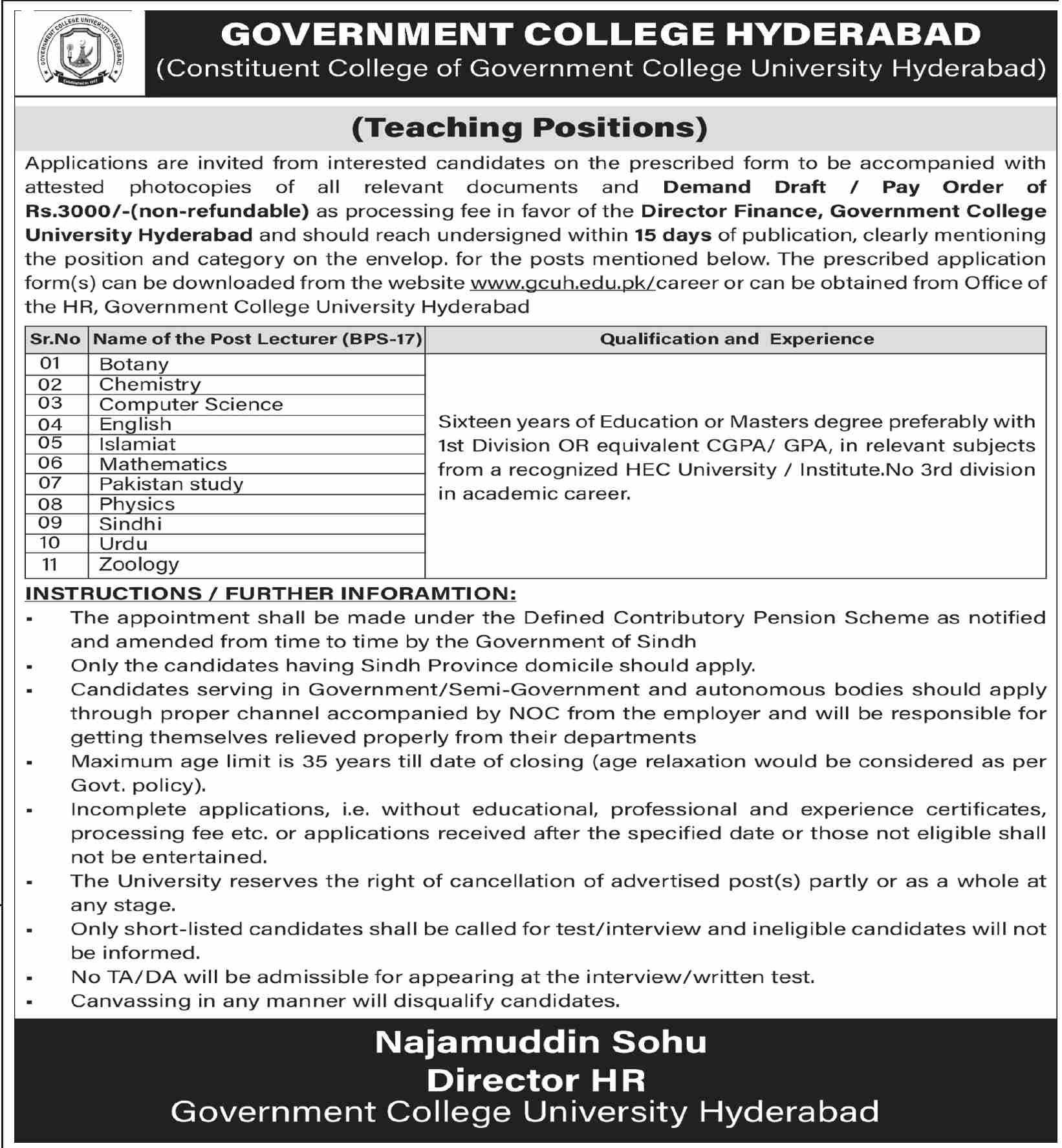 Government College University Hyderabad Lecturer BPS-17 Teaching Jobs - Hyderabad