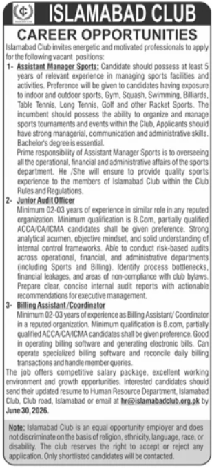 Islamabad Club Assistant Manager Sports Junior Audit Officer Billing Assistant Jobs - Islamabad