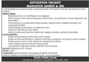 Lahore Based Company Manager Admin HR Jobs - Lahore