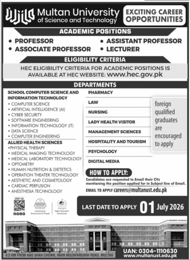 Multan University of Science and Technology Professor Associate Professor Assistant Professor Lecturer Jobs - Multan