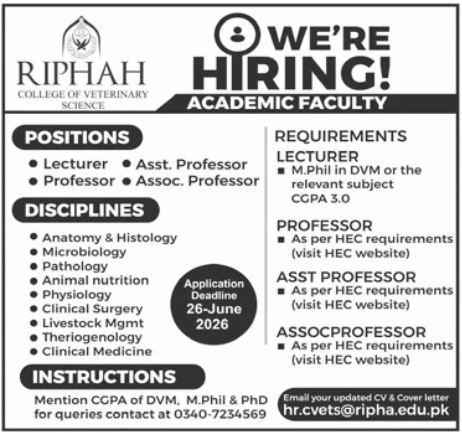 Riphah College of Veterinary Science Lecturer Professor Associate Professor Assistant Professor Jobs - Not specified