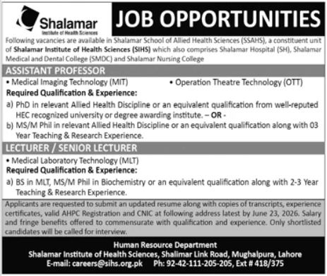 Shalamar Institute of Health Sciences Assistant Professor MIT OTT Lecturer MLT Jobs Lahore - Lahore