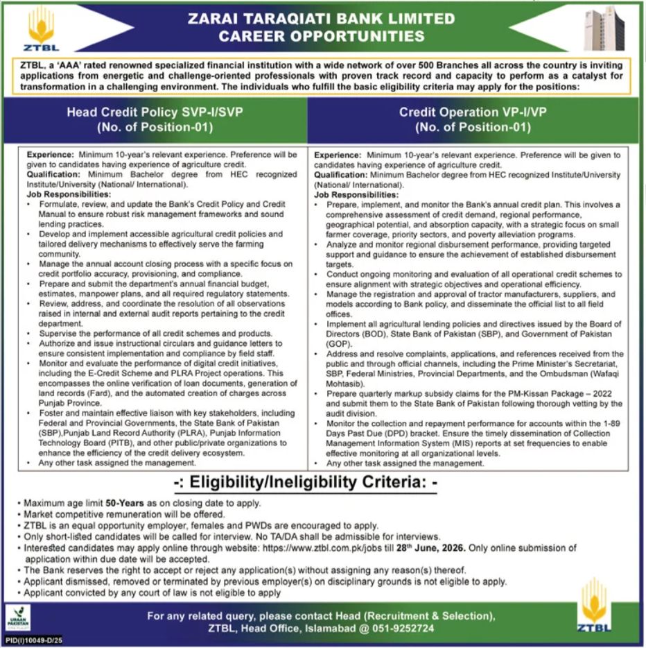Zarai Taraqiati Bank Limited ZTBL Head Credit Policy SVP Credit Operation VP Jobs Islamabad - Islamabad