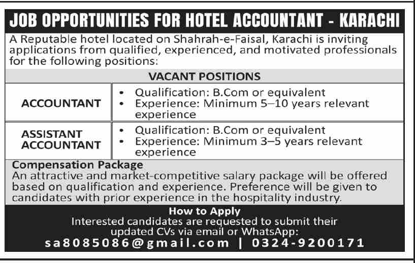 Hotel Accountant Assistant Accountant Jobs Karachi Shahrah-e-Faisal - Karachi