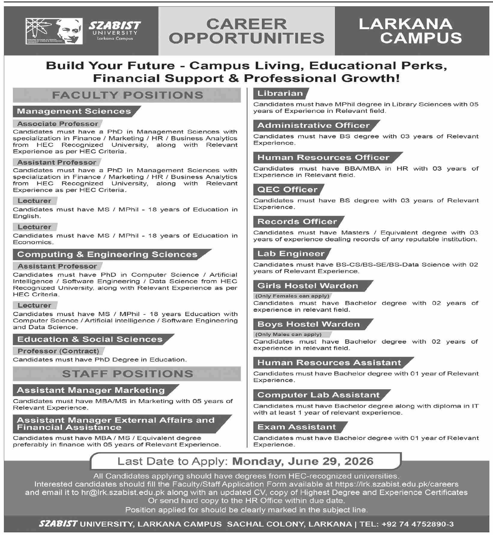 SZABIST University Larkana Campus Faculty Staff Professor Lecturer Admin Officer HR Jobs - Larkana