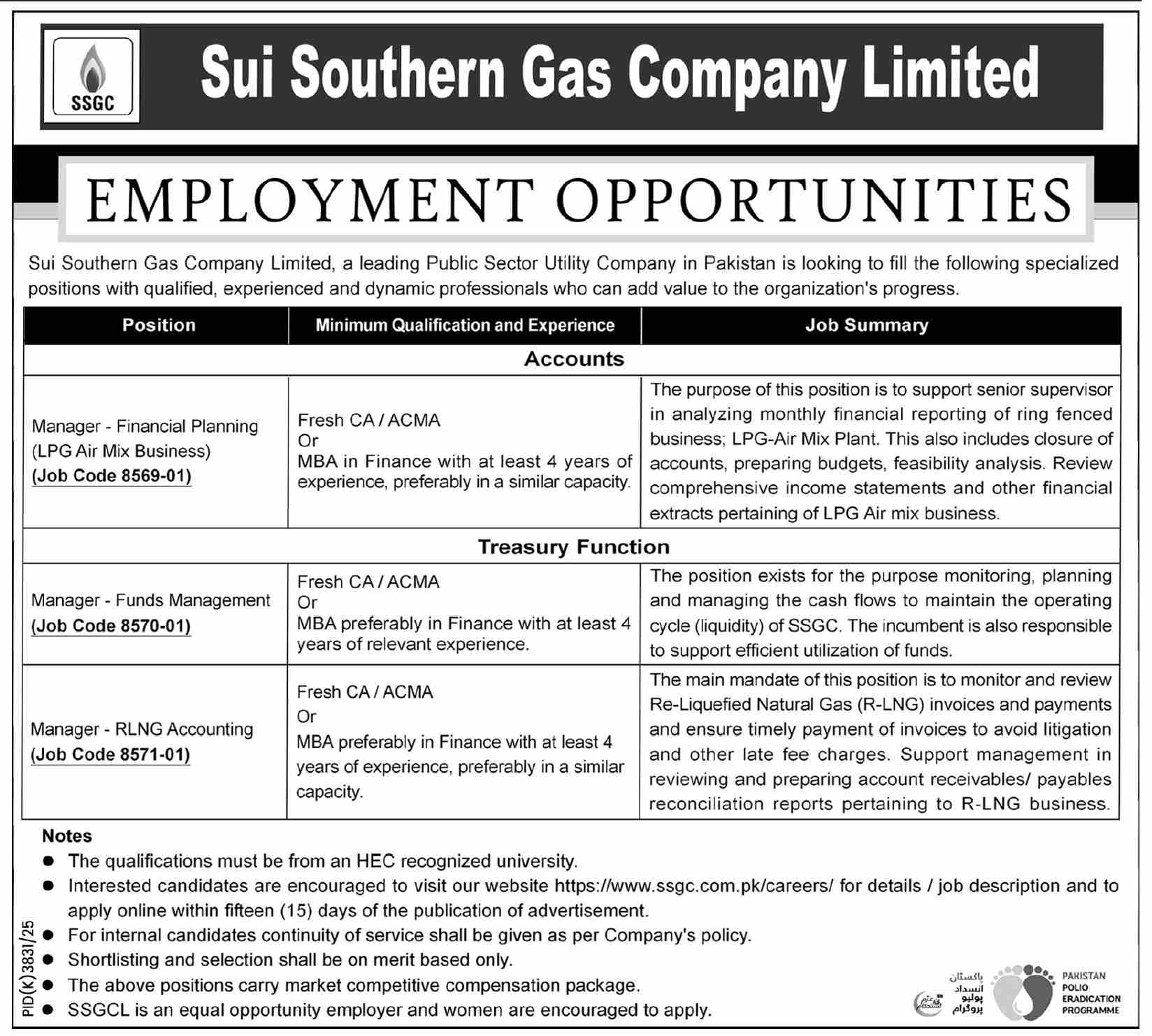Sui Southern Gas Company SSGC Manager Financial Planning Funds Management RLNG Accounting Jobs - Karachi
