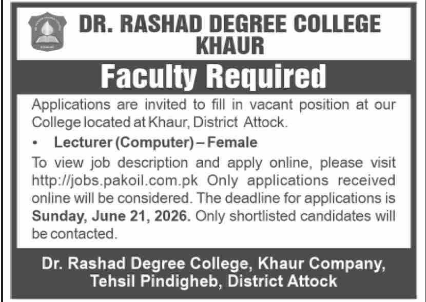 Dr Rashad Degree College Khaur Lecturer Computer Female Jobs Attock - Attock