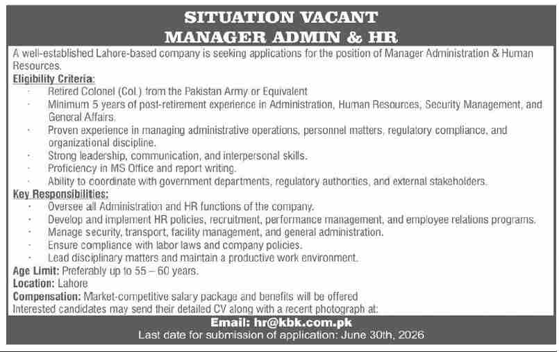 Manager Administration Human Resources Jobs Lahore Retired Colonel - Lahore