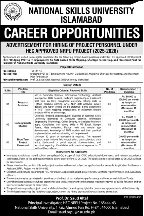Project Personnel HEC NRPU Project National Skills University Islamabad - Islamabad