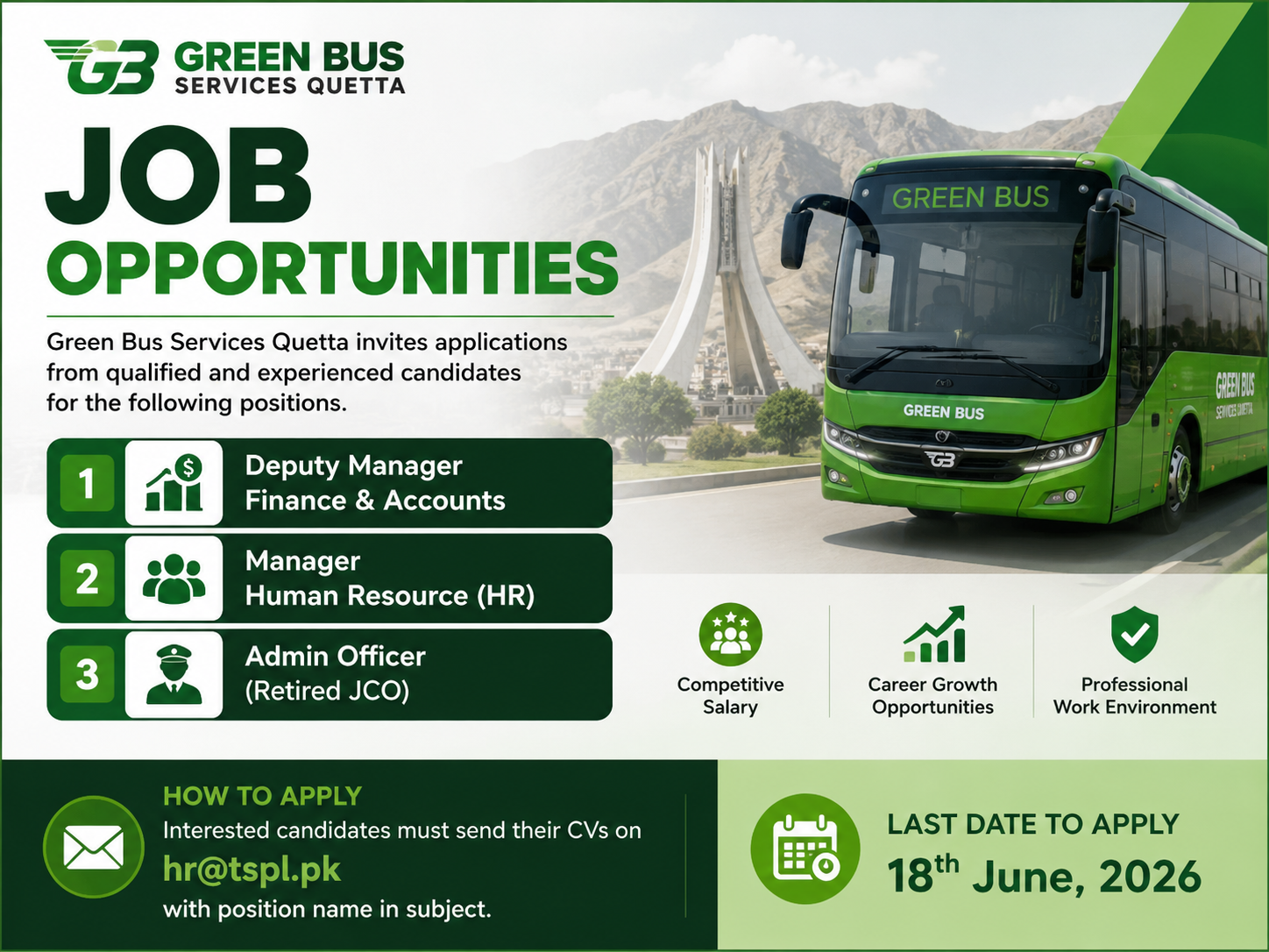 Deputy Manager Manager Admin Officer Green Bus Services Quetta - Quetta