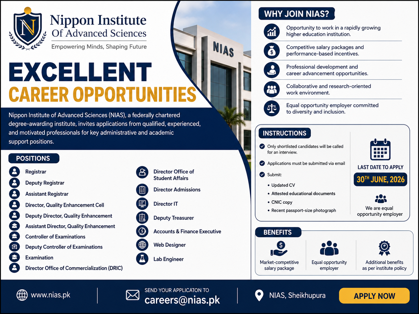 Multiple Administrative Academic Posts NIAS Sheikhupura - Sheikhupura