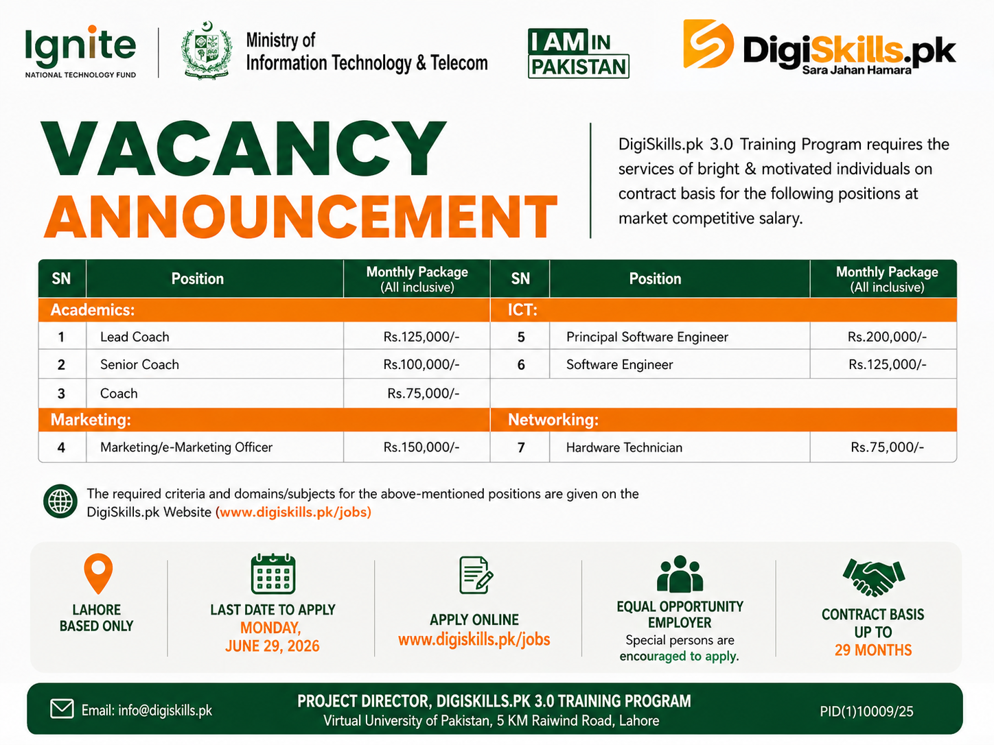 Multiple Contract Posts DigiSkills 3.0 Lahore - Lahore