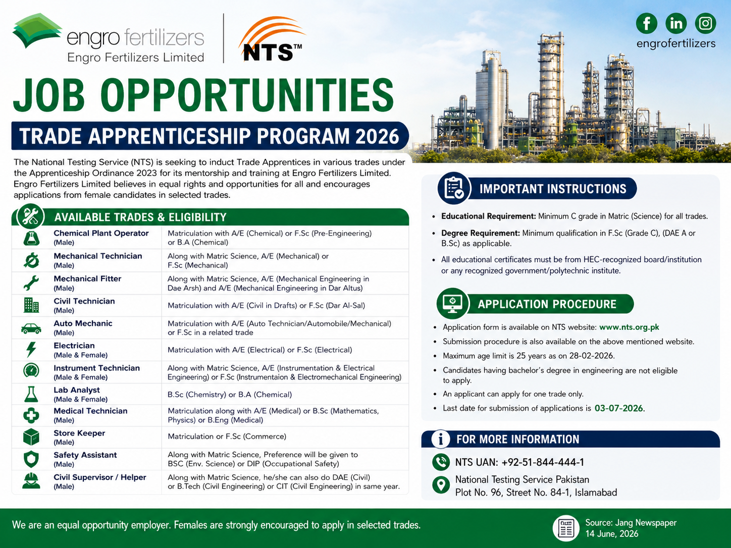 Trade Apprenticeship Program 2026 Engro Fertilizers Limited - Islamabad