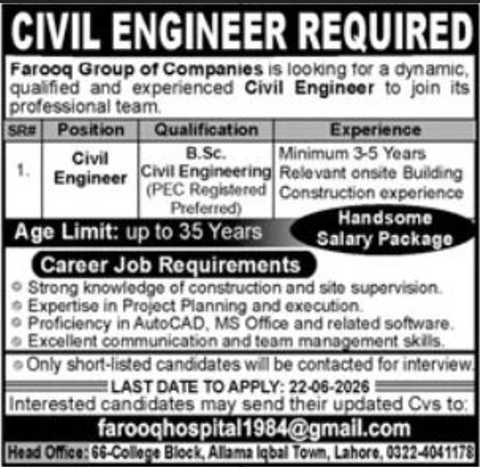 Civil Engineer Farooq Group of Companies Lahore - Lahore