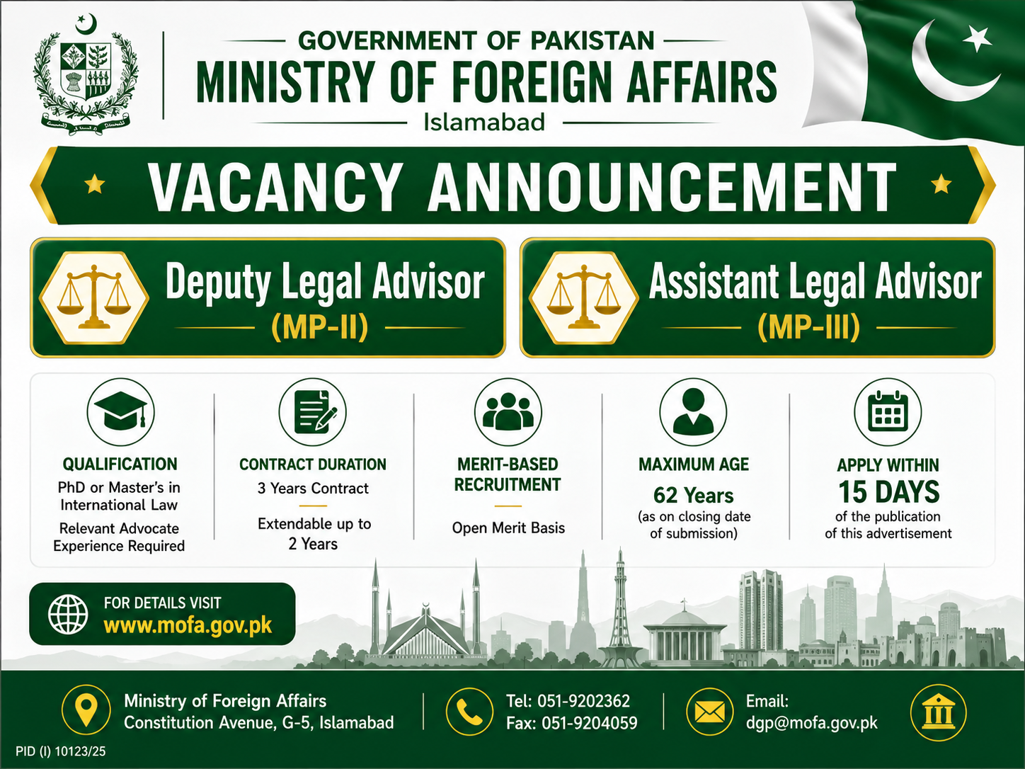 Ministry of Foreign Affairs Deputy Legal Advisor Assistant Legal Advisor Jobs Islamabad - Islamabad