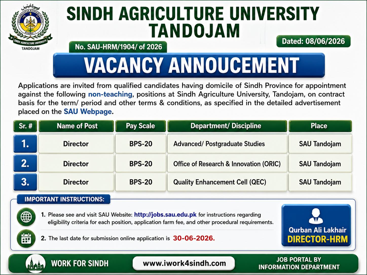 Sindh Agriculture University Tandojam Director BPS-20 Jobs Tandojam - Tandojam