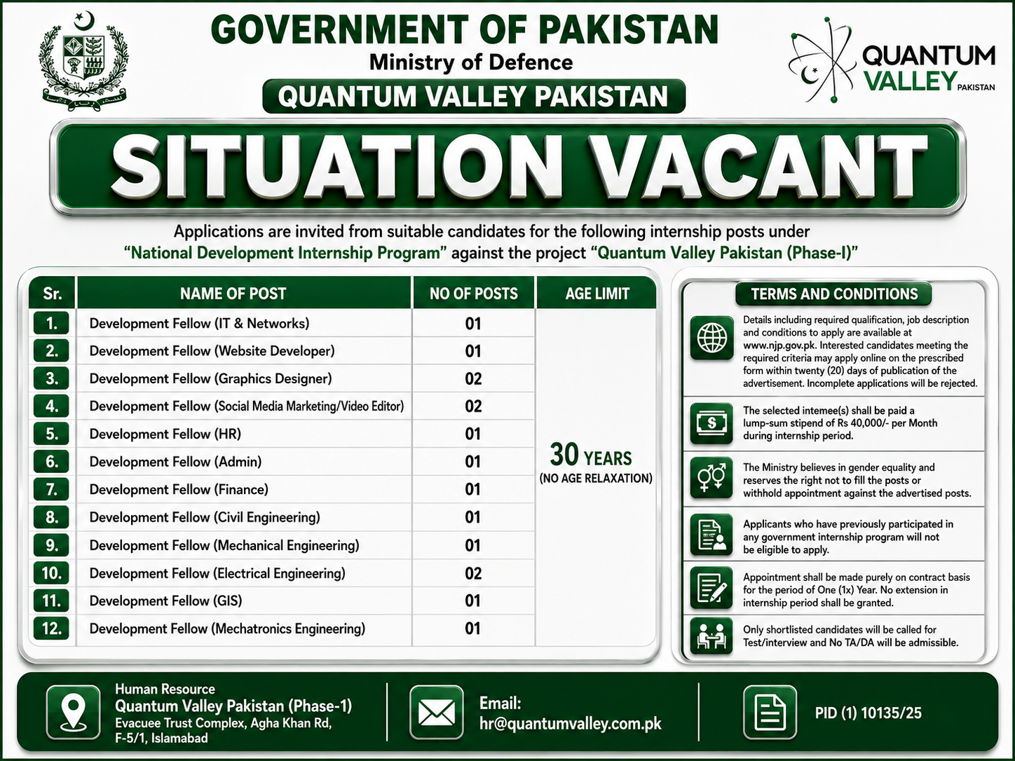 Development Fellow Internship Posts Ministry of Defence Quantum Valley Islamabad - Islamabad