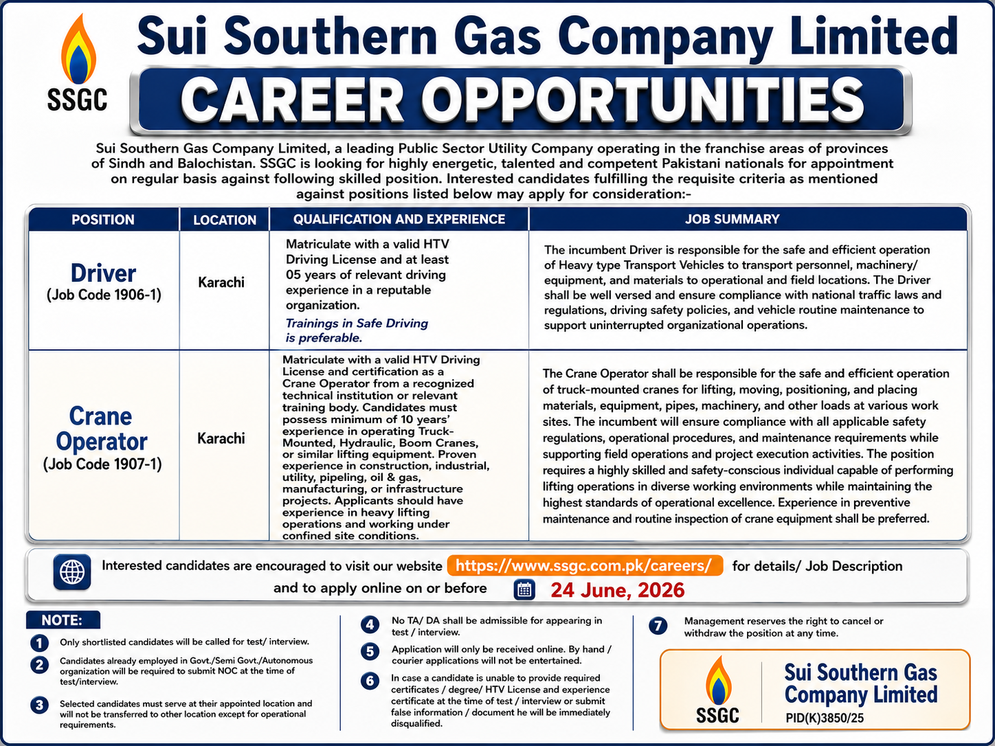 Driver Crane Operator Sui Southern Gas Company Limited Karachi - Karachi