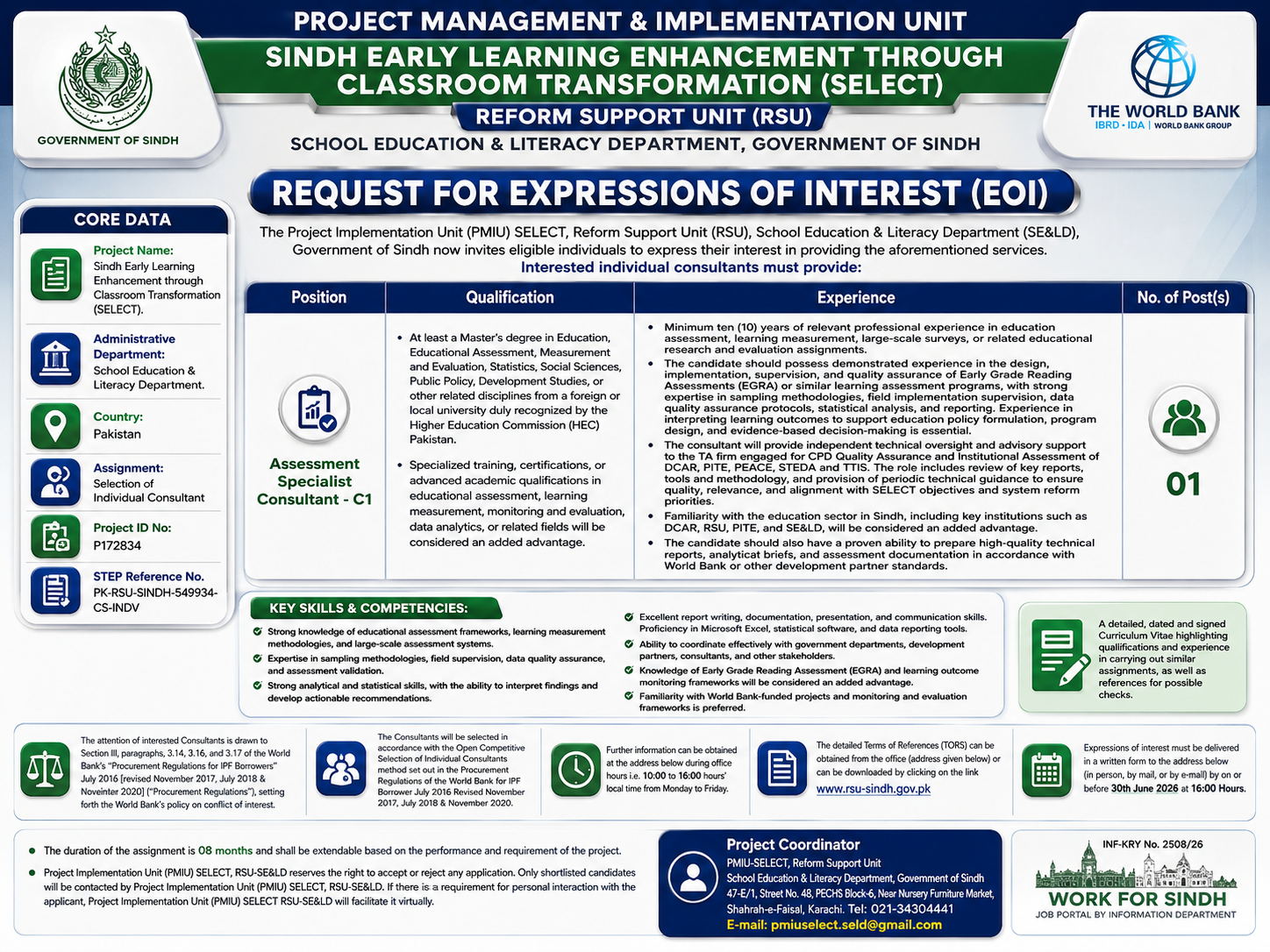 Assessment Specialist Consultant C1 SELECT Project School Education Sindh Karachi - Karachi
