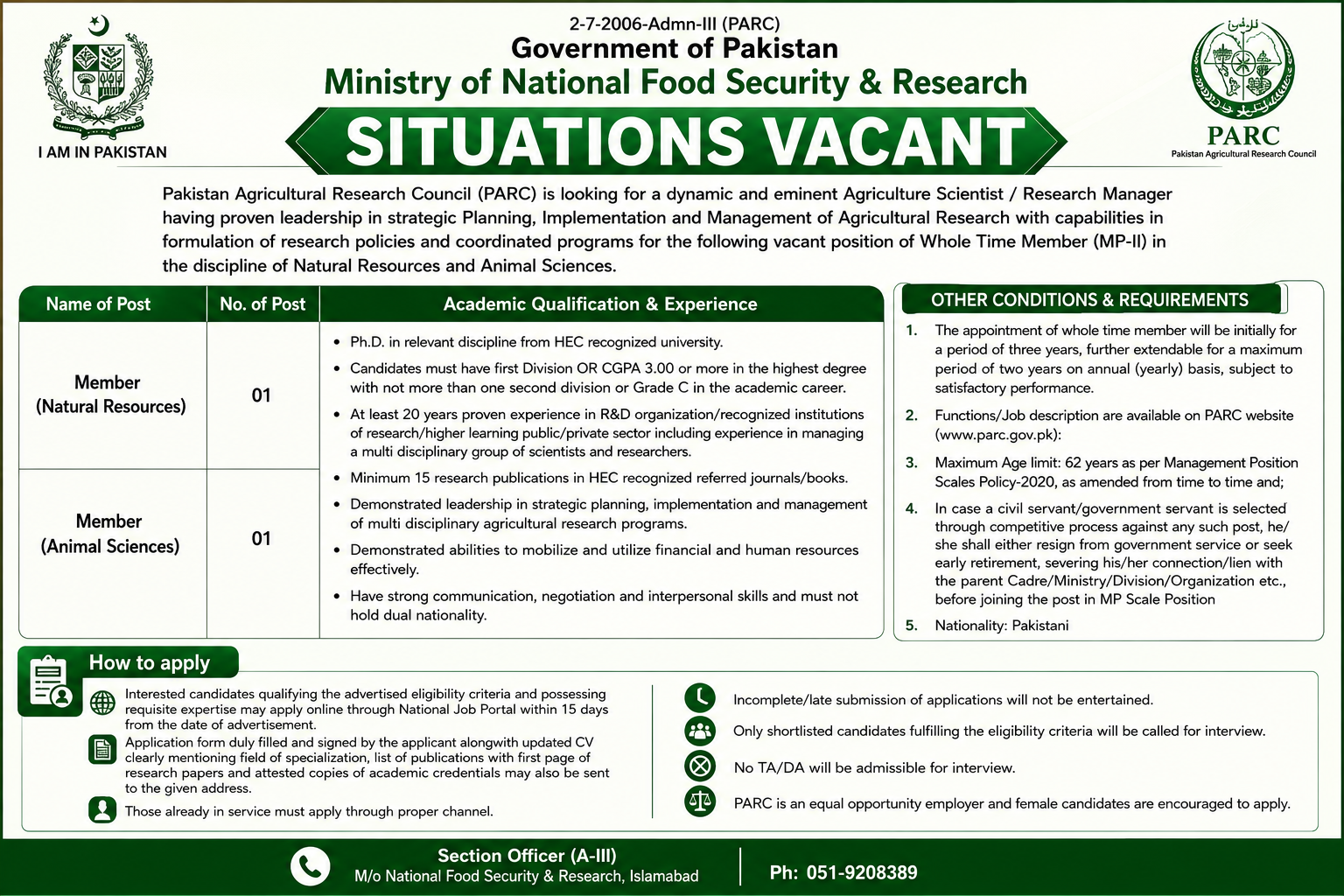 Whole Time Member MP II Natural Resources Animal Sciences PARC Islamabad - Islamabad