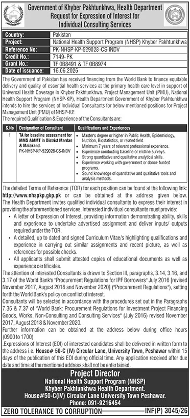 TA Baseline Assessment Consultant NHSP Khyber Pakhtunkhwa Peshawar - Peshawar