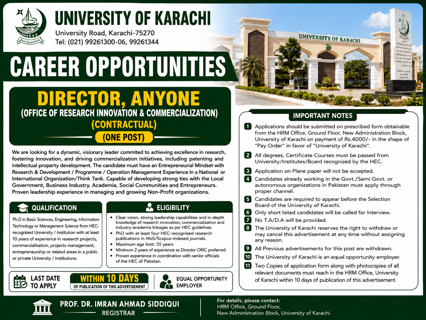 University of Karachi Director ORIC Office of Research Innovation Commercialization Contractual Jobs Karachi - Karachi