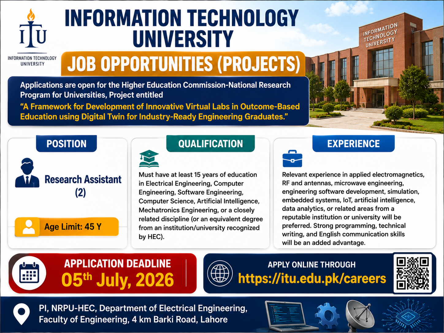 Information Technology University ITU Research Assistant Virtual Labs Digital Twin HEC NRPU Project Jobs Lahore - Lahore