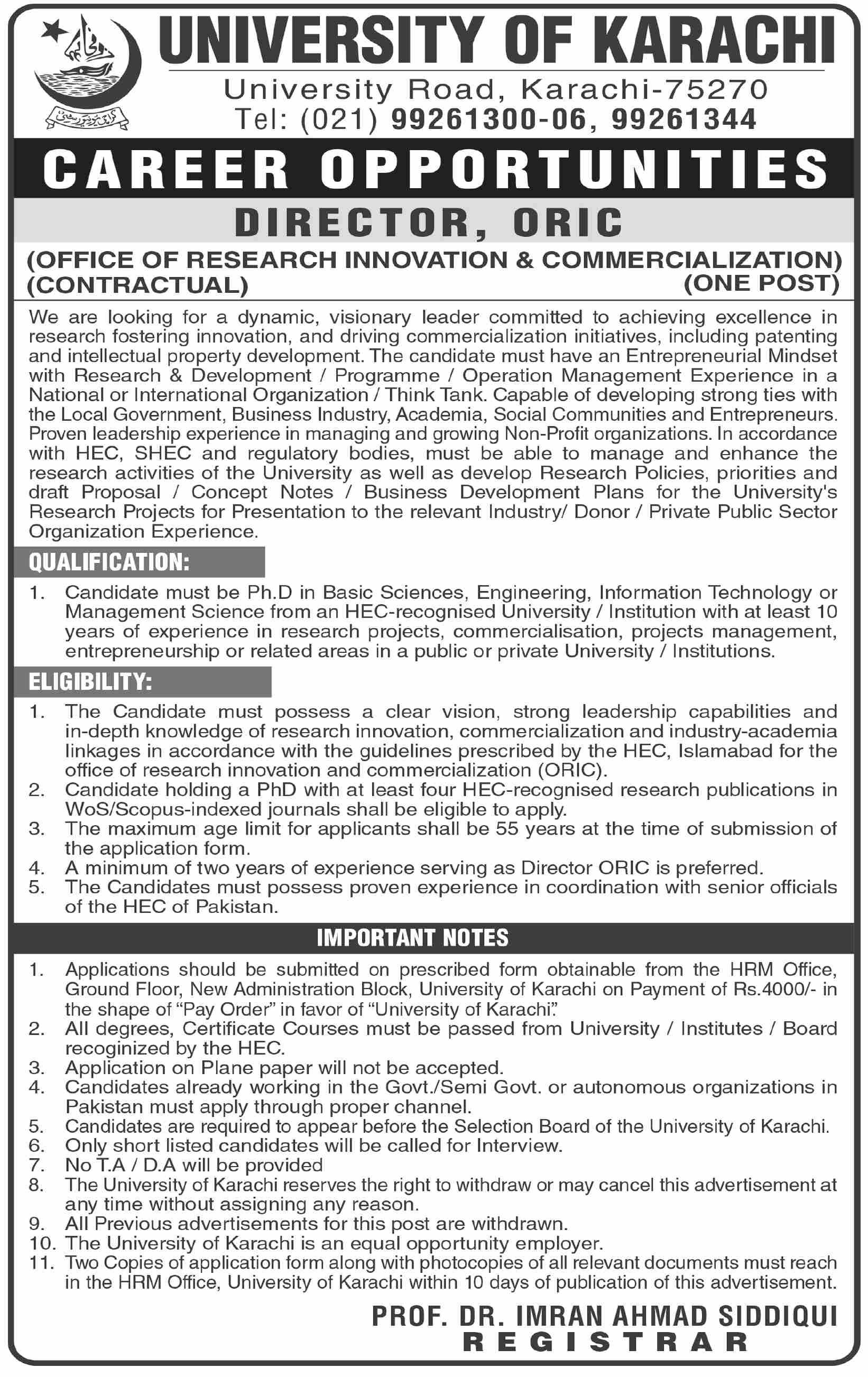 University of Karachi Director ORIC Office of Research Innovation Commercialization Contractual Jobs Karachi - Karachi