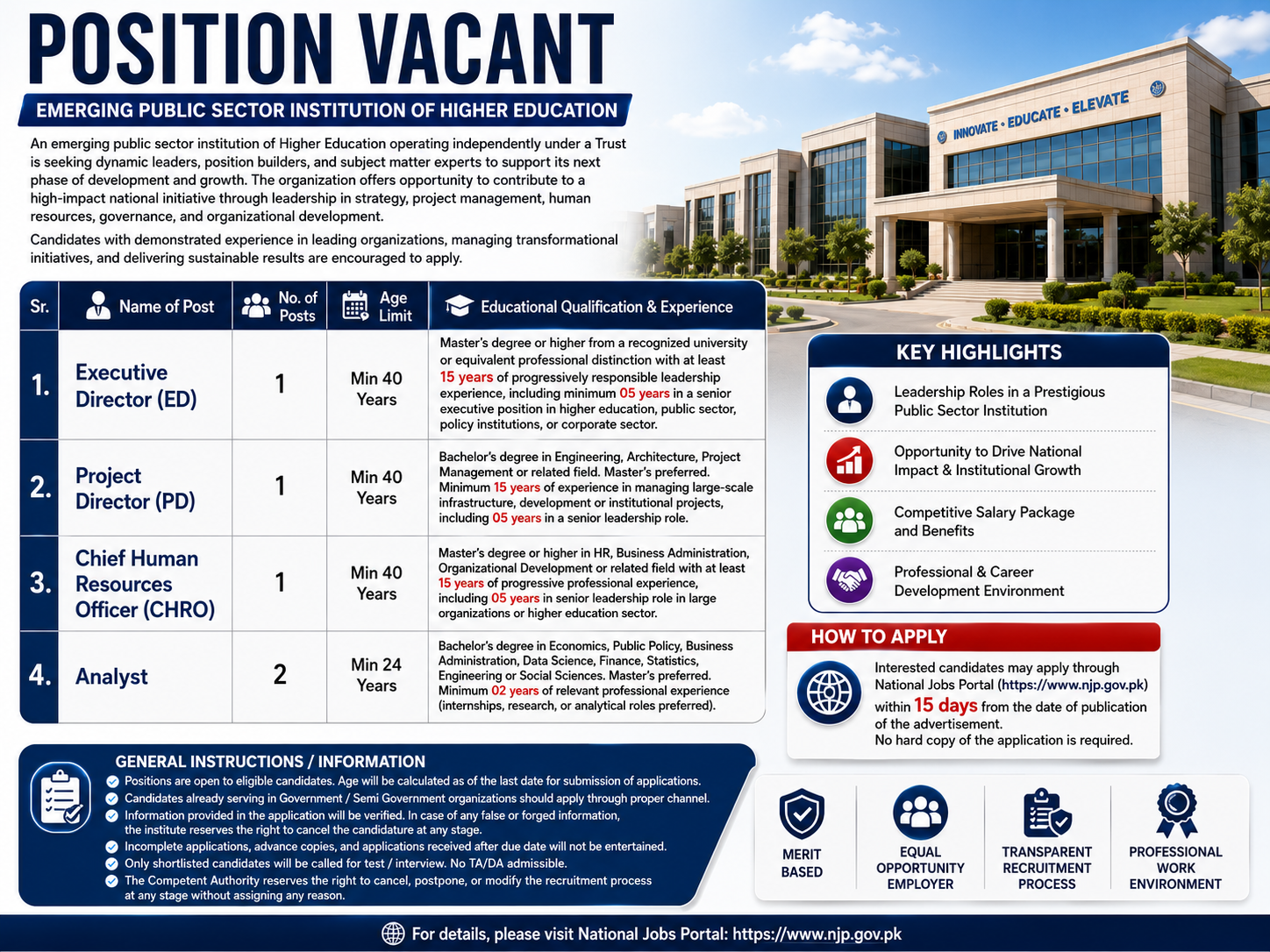 Emerging Public Sector Institution of Higher Education Executive Director Project Director CHRO Analyst Jobs Pakistan - Not specified
