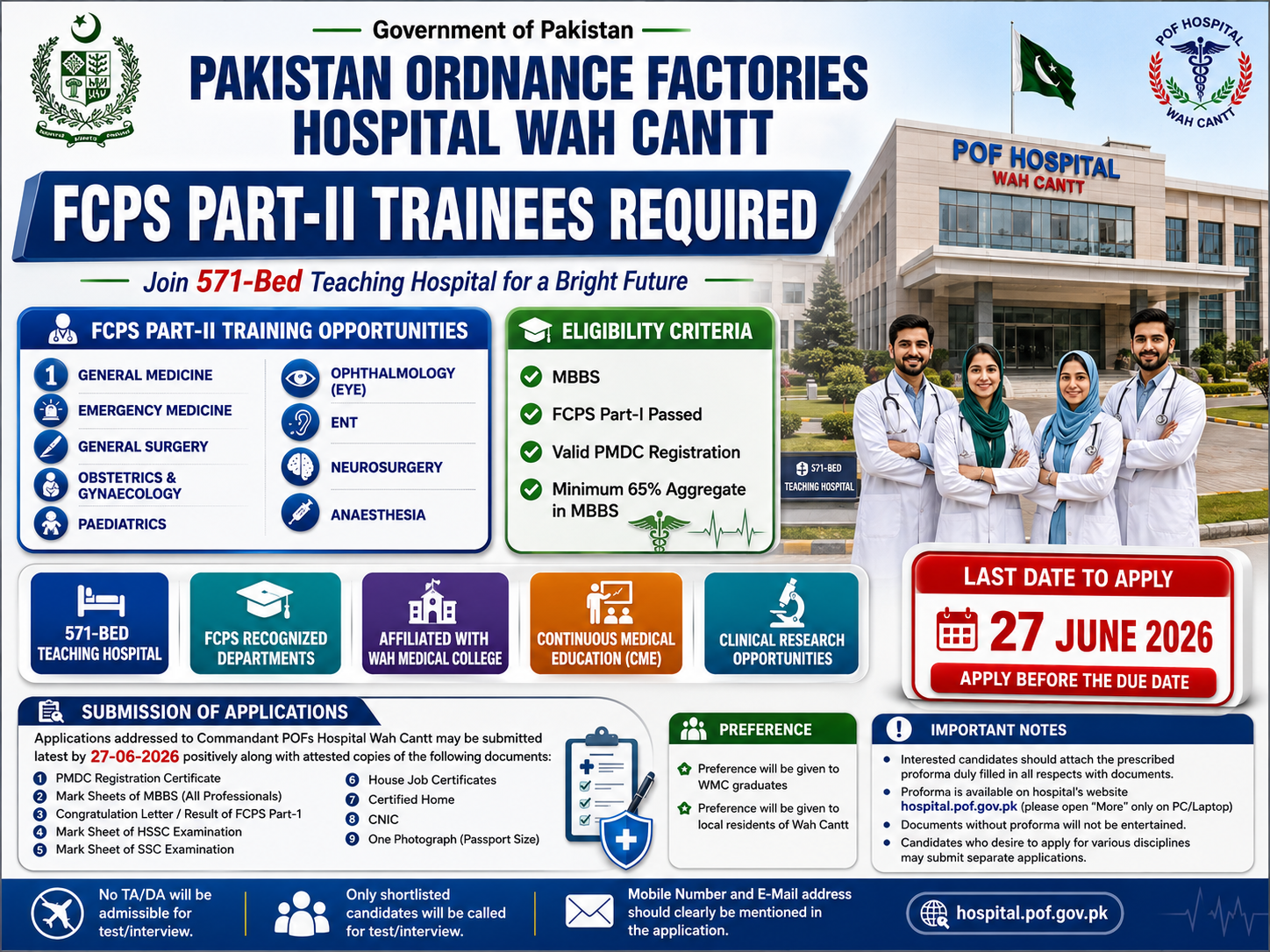 Pakistan Ordnance Factories Hospital Wah Cantt FCPS Part-II Trainees Multiple Specialties Jobs Wah Cantt - Wah Cantt