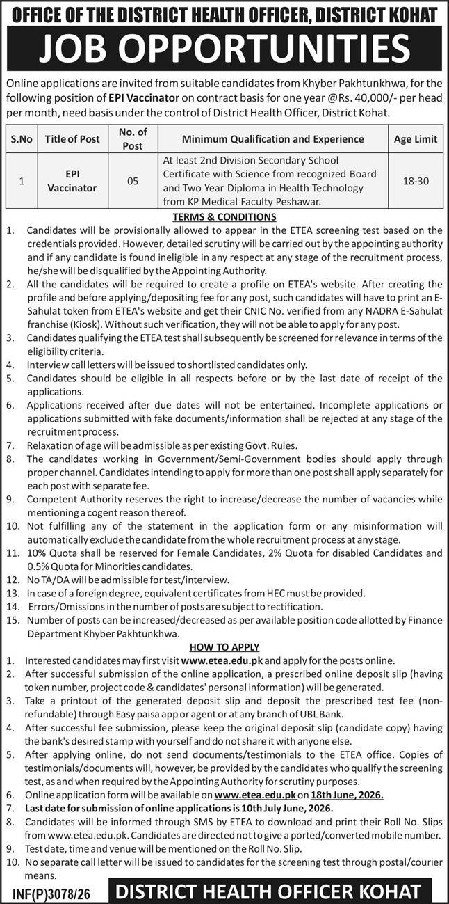 District Health Officer District Kohat EPI Vaccinator Contract Jobs Kohat - Kohat