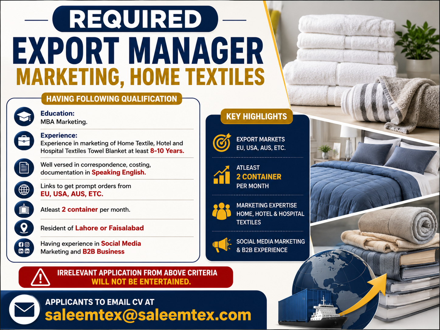 Export Manager Marketing Home Textiles Private Company Jobs Lahore Faisalabad - Lahore