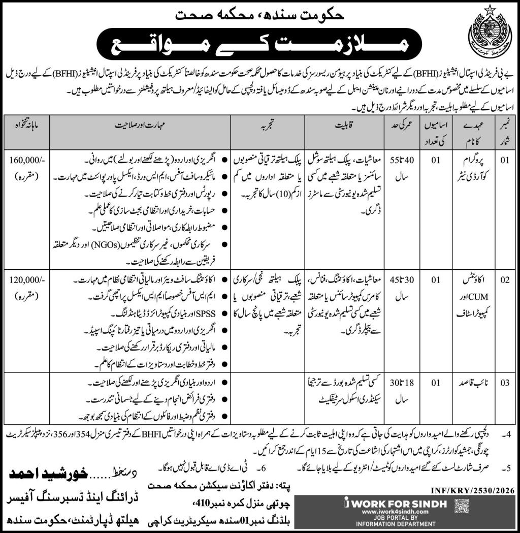 Health Department Sindh BFHI Program Coordinator Accounts CUM Computer Staff Naib Qasid Jobs Karachi - Karachi