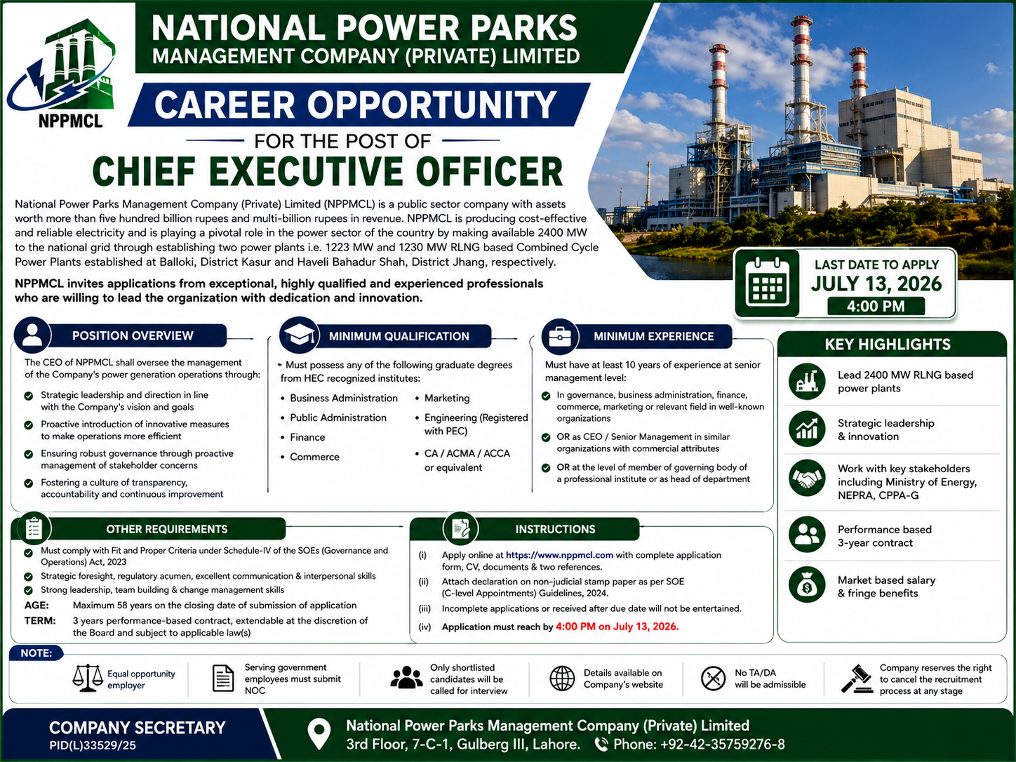 National Power Parks Management Company NPPMCL Chief Executive Officer Jobs Lahore - Lahore