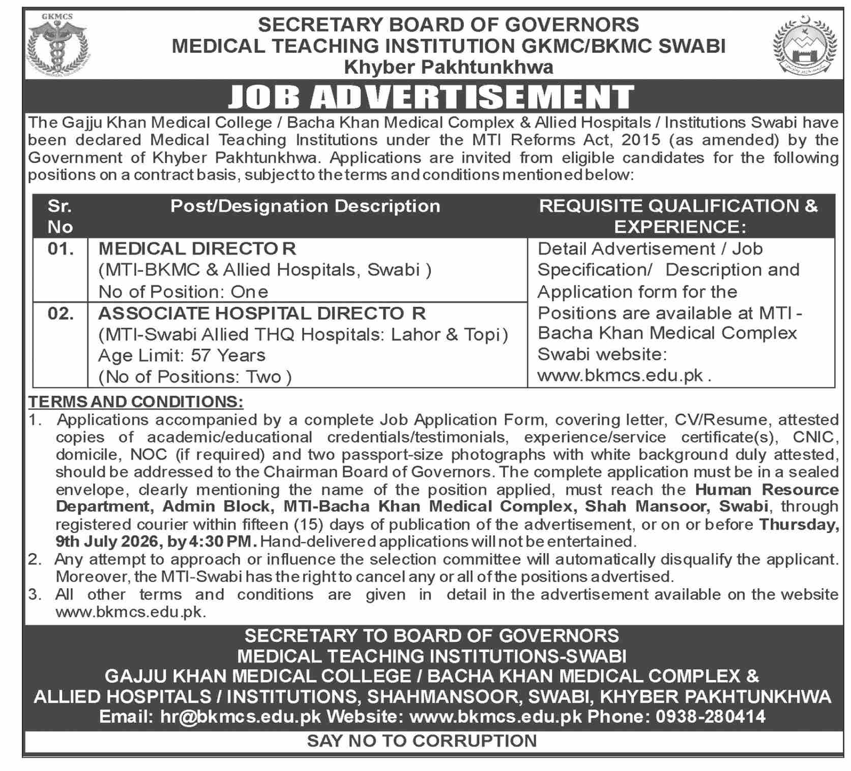 Medical Teaching Institution GKMC BKMC Swabi Medical Director Associate Hospital Director Contract Jobs Swabi - Swabi