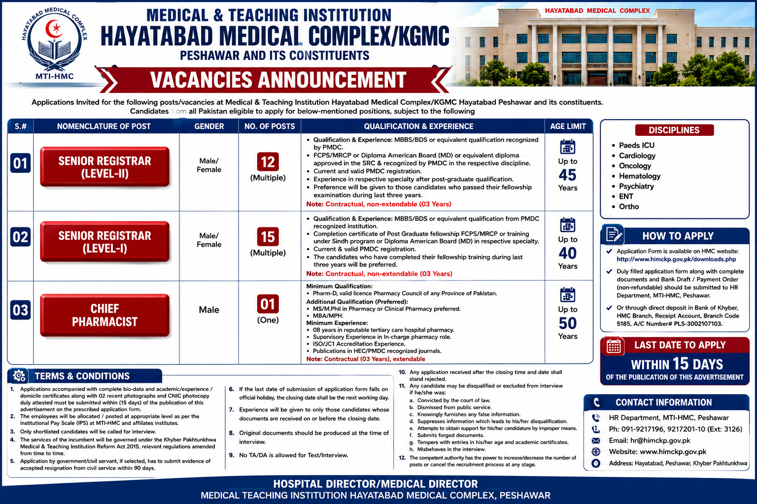 Medical Teaching Institution Hayatabad Medical Complex KGMC Senior Registrar Chief Pharmacist Contract Jobs Peshawar - Peshawar