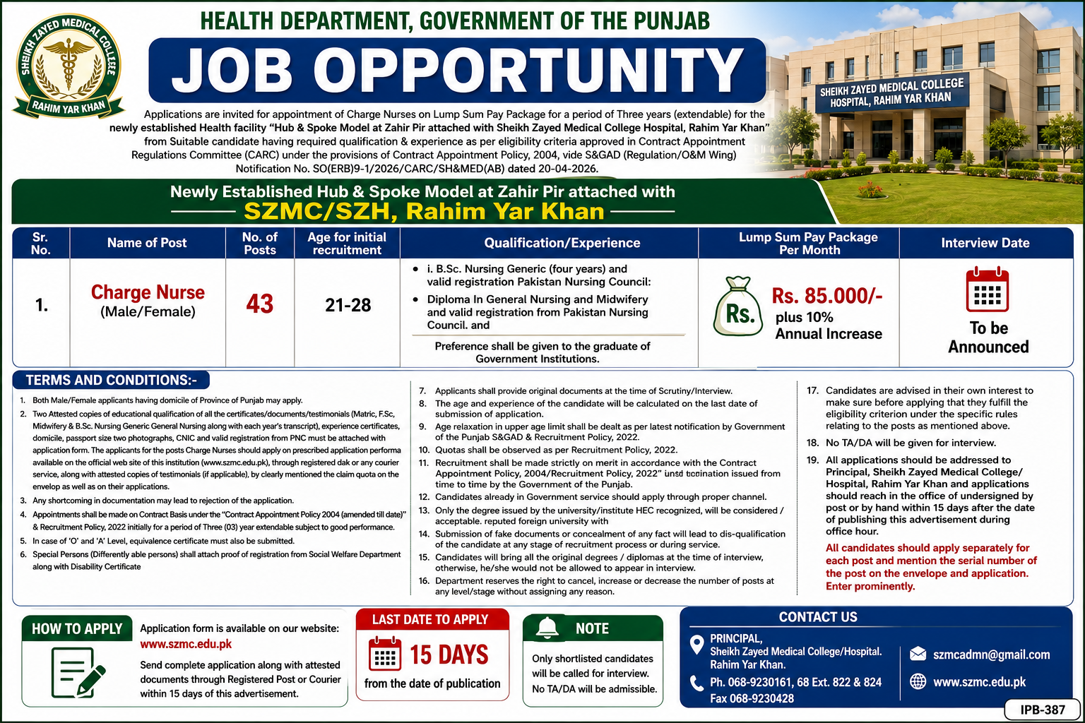 Health Department Punjab Sheikh Zayed Medical College Hospital Charge Nurse BPS-16 Jobs Rahim Yar Khan Zahir Pir - Rahimyar Khan