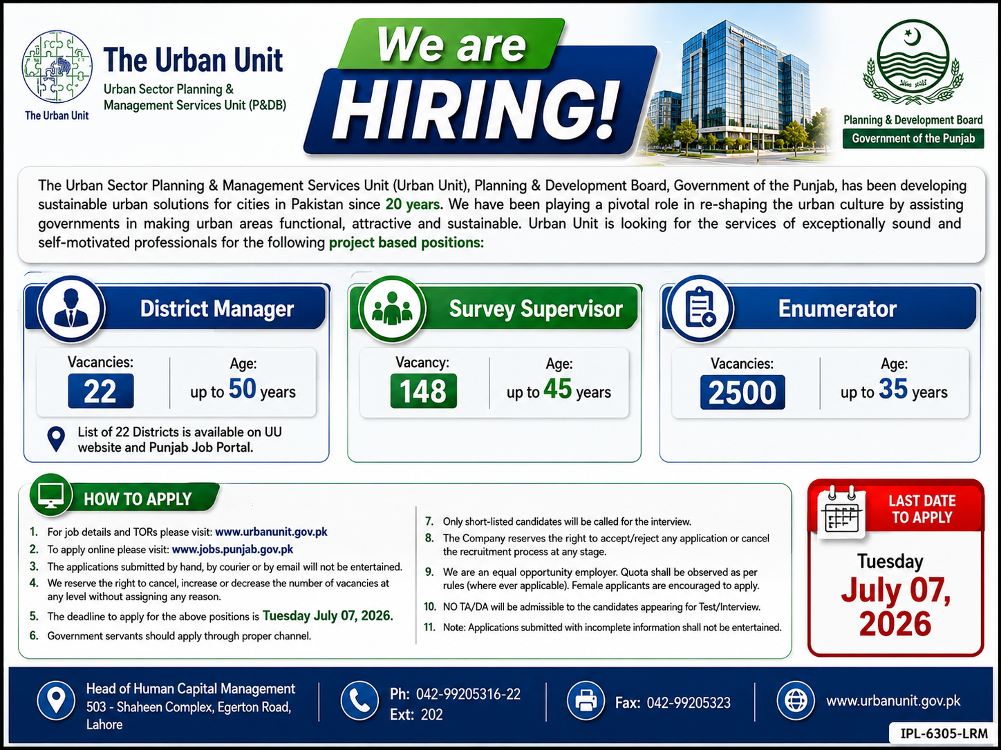 The Urban Unit Planning & Development Board Punjab District Manager Survey Supervisor Enumerator Project Based Jobs 22 Districts Punjab - Multiple Cities