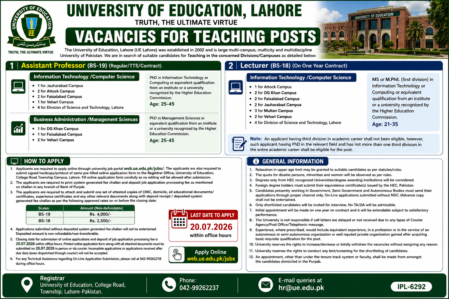 University of Education Lahore Assistant Professor BS-19 Lecturer BS-18 IT Computer Science Business Administration Multiple Campuses Jobs Punjab - Multiple Cities