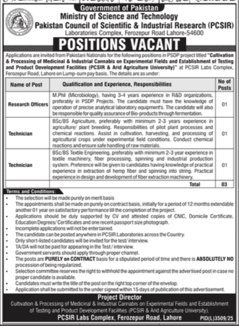 Pakistan Council of Scientific & Industrial Research PCSIR Research Officers Technician Jobs Lahore - Lahore