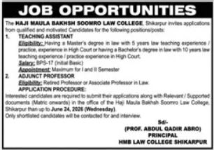 Haji Maula Bakhsh Soomro Law College Shikarpur Teaching Assistant Adjunct Professor Law Jobs Shikarpur - Shikarpur